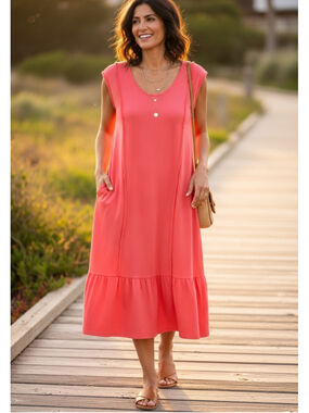 Soft Surroundings Midi Dress Medium Coral Cotton Modal Boho Ruffle Fringe Pocket